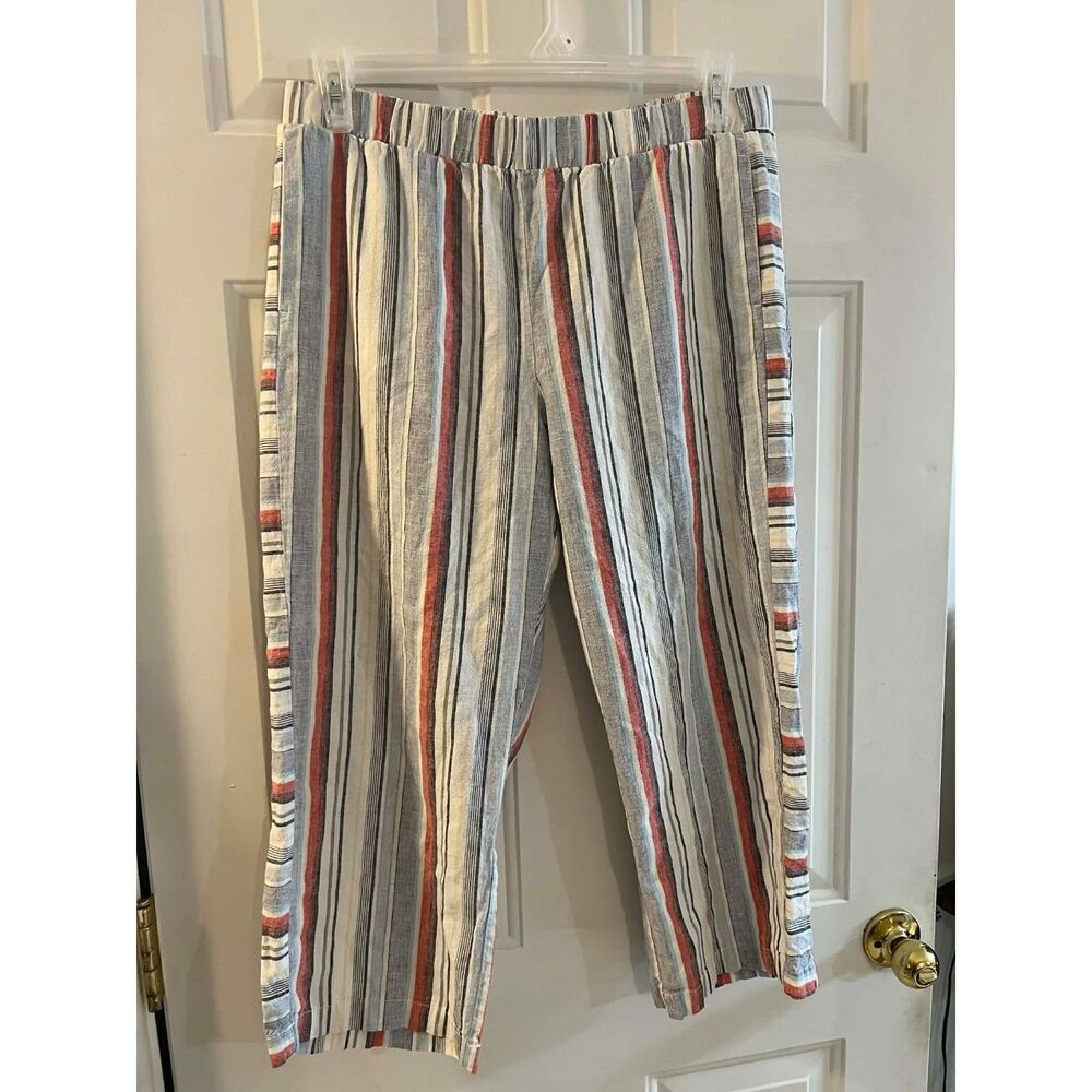 Linen Pants Womens L Striped Wide Leg Pockets Blue Red White Caffe Marrakesh